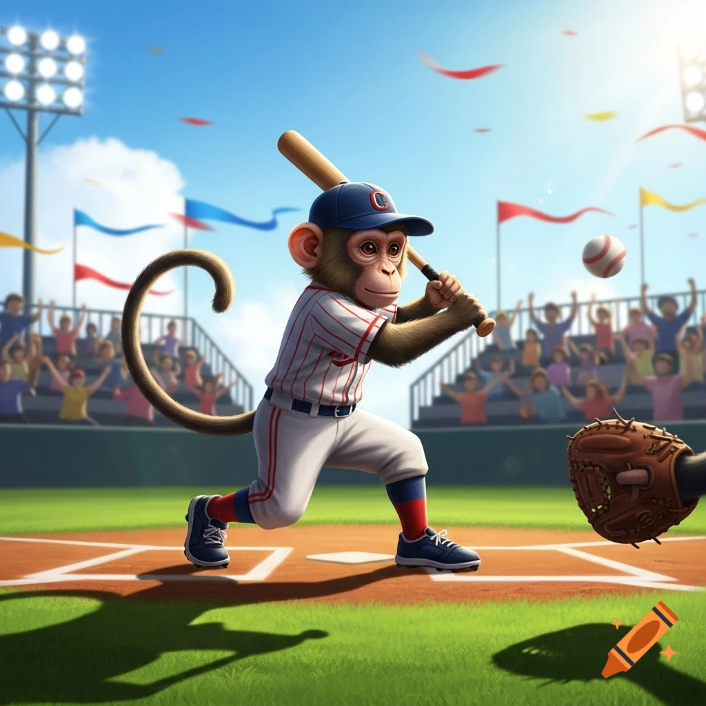 Cartoon monkey in a baseball uniform swings a bat on a sunny baseball field with a catcher's mitt in the foreground.