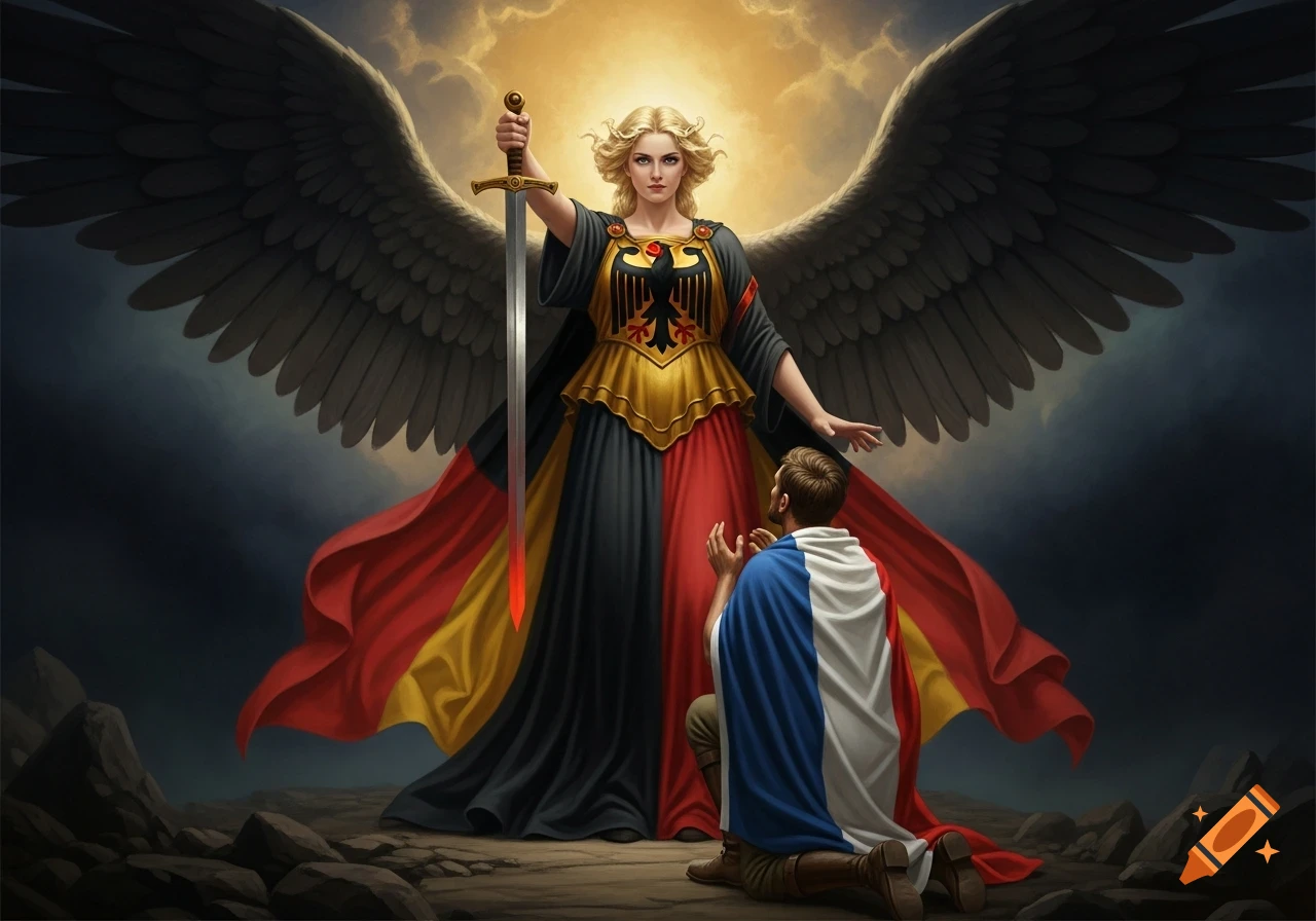 Winged Germania in German flag colors holds a sword over a kneeling man draped in the French flag under a dramatic sky.