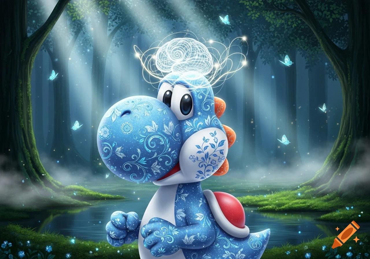 A blue Yoshi with intricate white patterns and a glowing brain-like aura stands in a mystical forest with luminous butterflies and a reflective pond.
