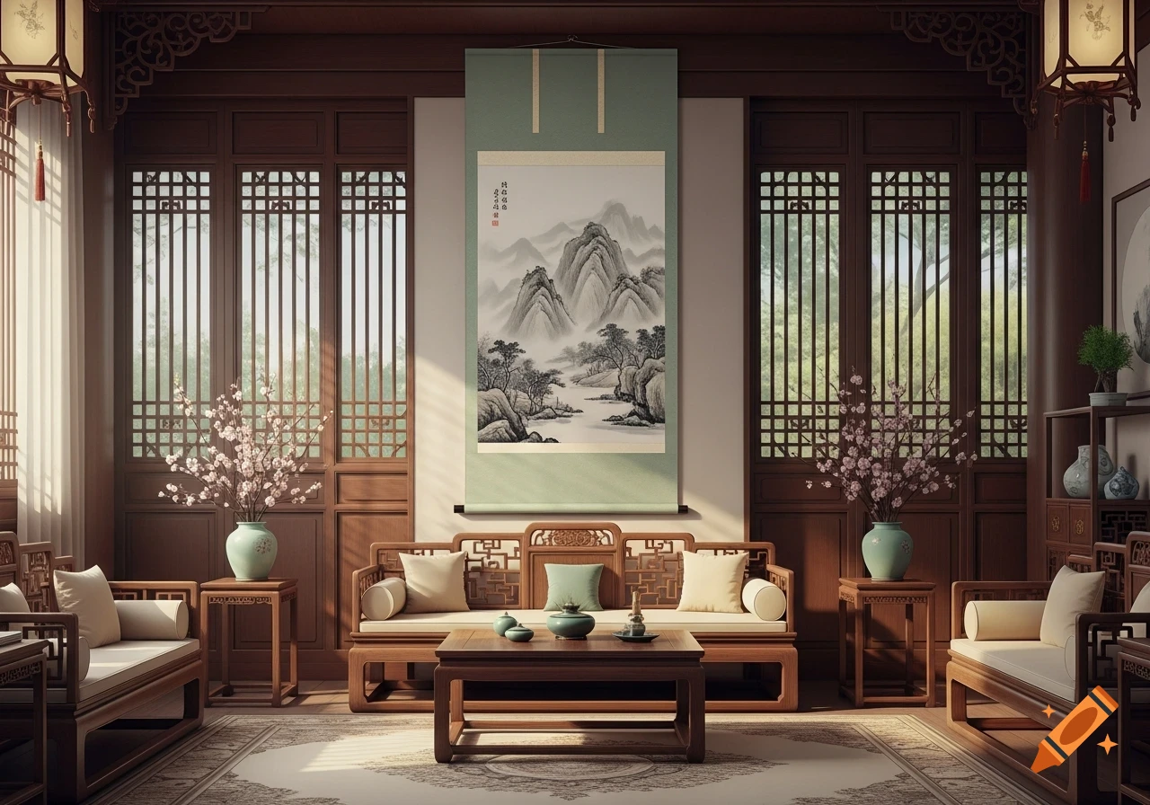 A grand traditional Chinese living room with dark wood furnishings, patterned windows, and a large landscape scroll painting.