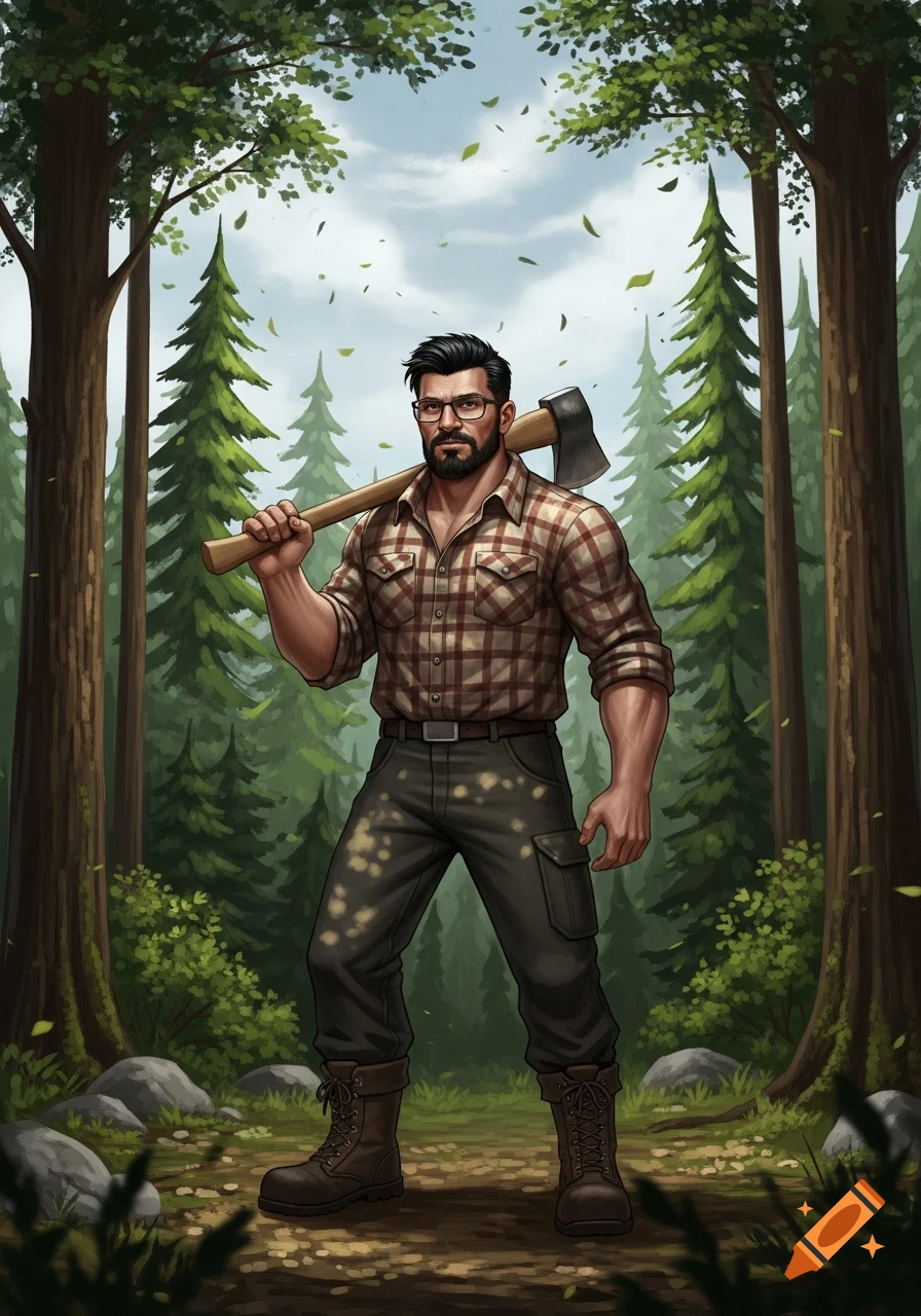 An illustrated woodsman with a beard and glasses holds an axe over his shoulder in a lush forest.