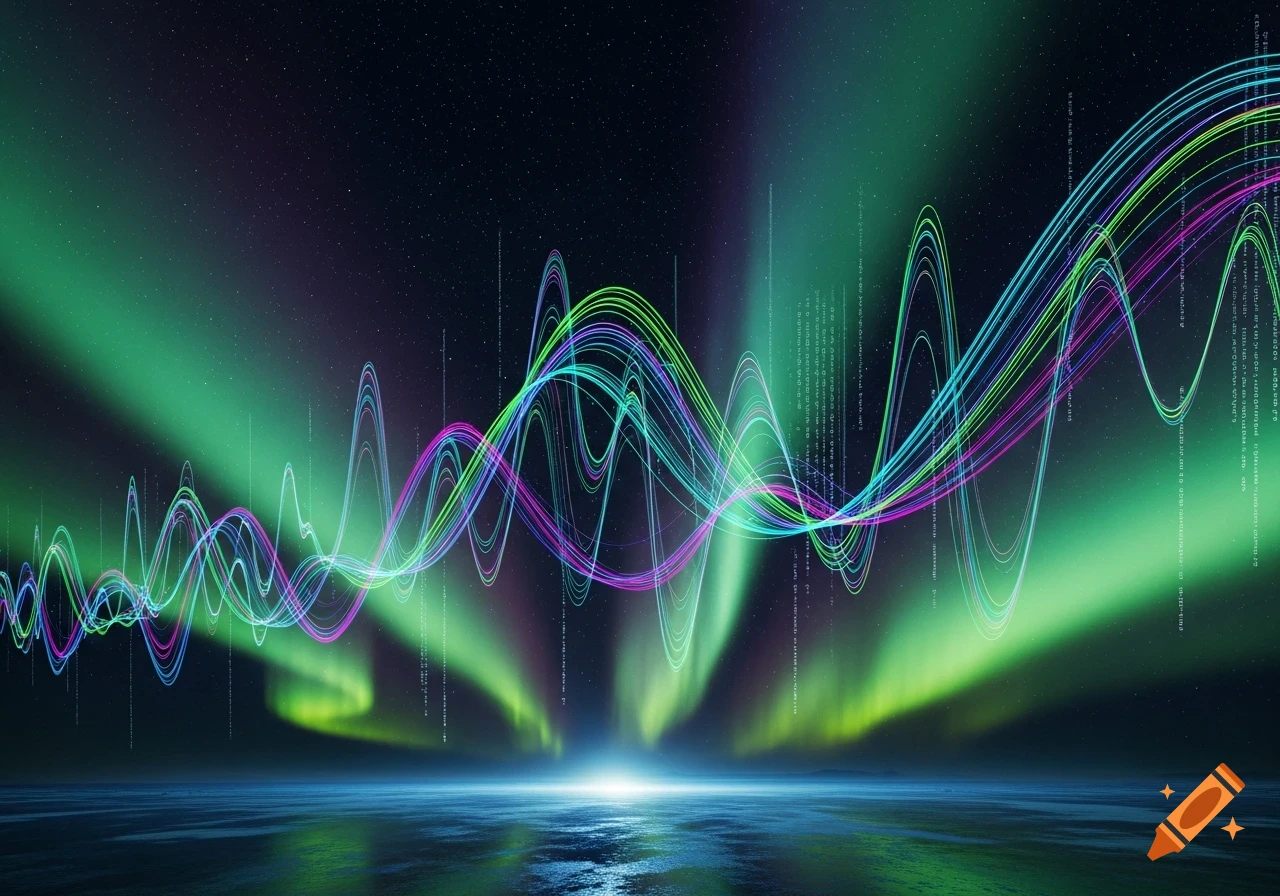 Abstract glowing green, blue, and purple wavy lines like data on a starry night sky with aurora borealis effects and a reflective surface below.