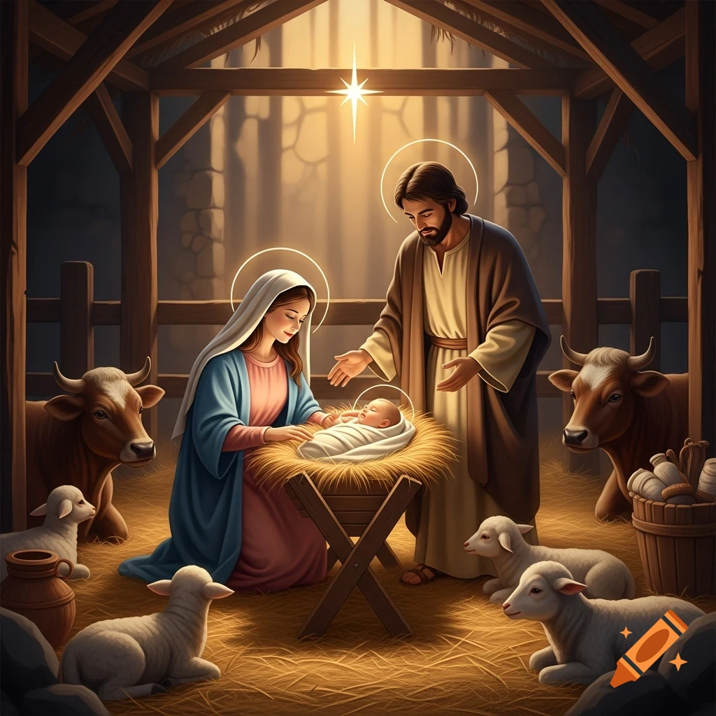 Mary, Joseph, and baby Jesus in a manger, surrounded by cows and lambs, under a shining star in a stable.
