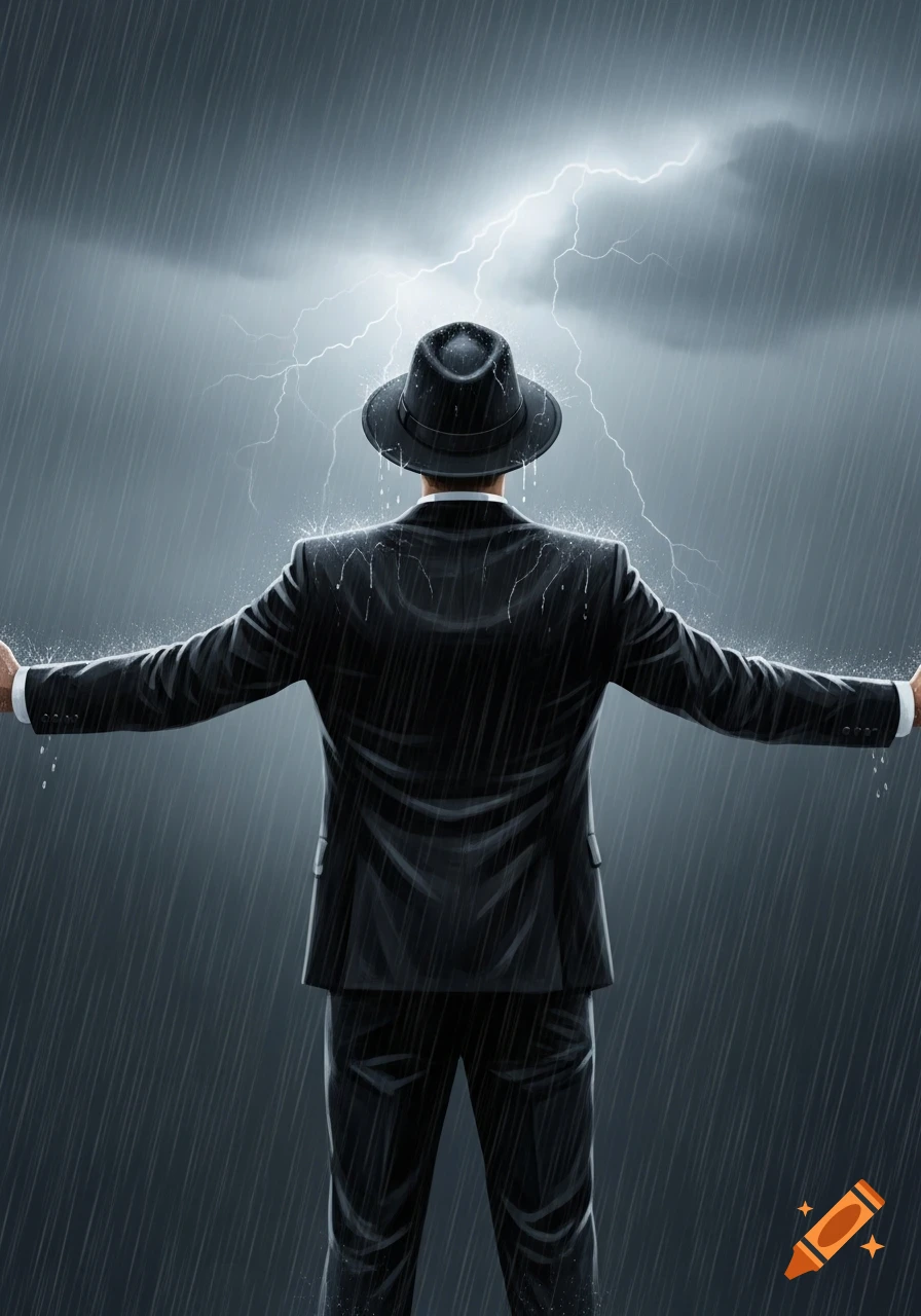 A man in a black suit and fedora stands with arms outstretched in a heavy rainstorm with lightning overhead, seen from behind.