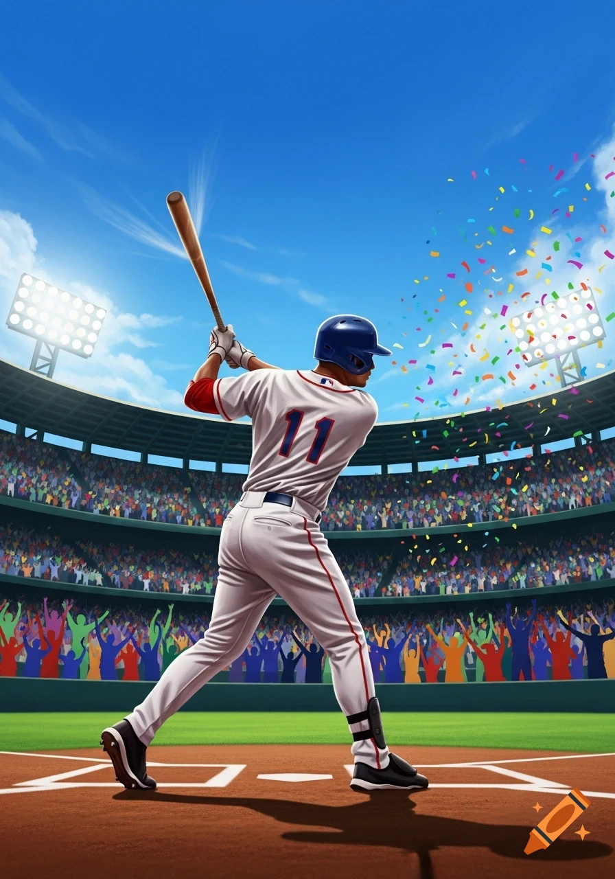 A baseball player in a stadium, seen from behind, swings a bat as confetti falls and a cheering crowd watches. Stylized illustration.