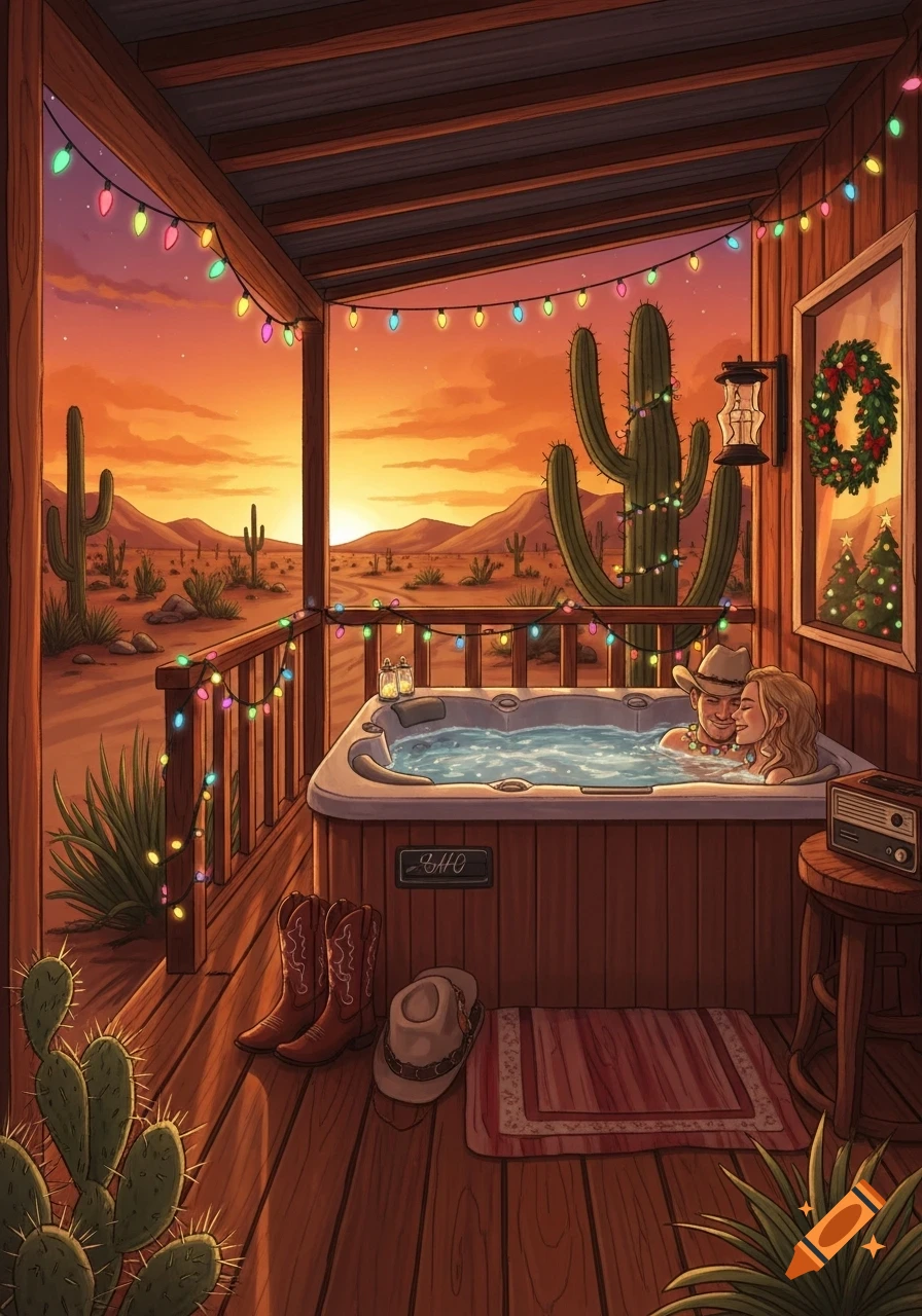An illustrated scene of a couple relaxing in a hot tub on a desert porch decorated with Christmas lights at sunset.