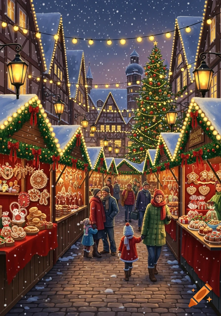 A vibrant, snowy Christmas market scene with festive stalls, decorated ...