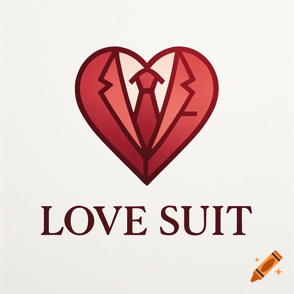A red heart logo with an abstract suit and tie design inside, with the text 'LOVE SUIT' below.