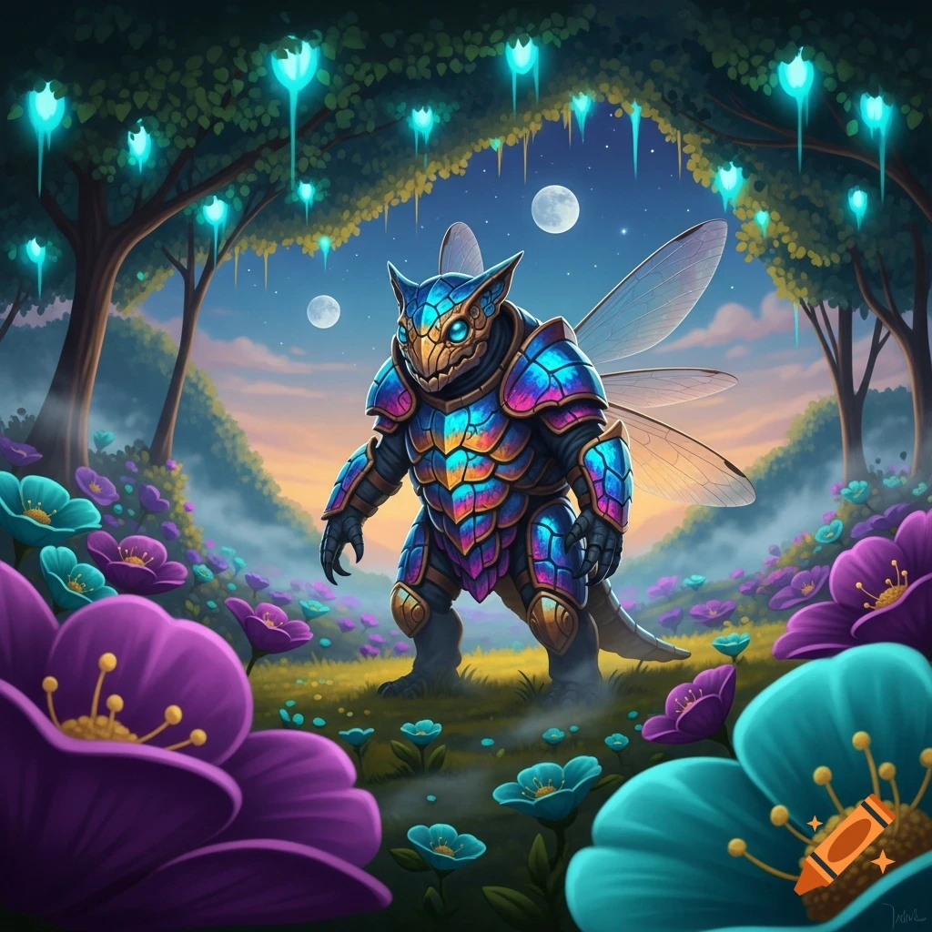 A colorful armored fantasy monster with insect wings stands in a magical forest with glowing trees, flowers, and multiple moons.