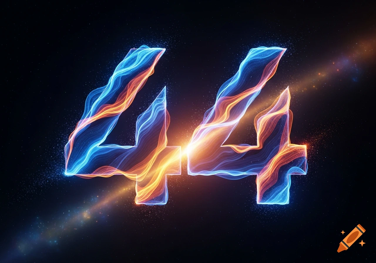 Two glowing numbers "44" composed of swirling blue and orange energy against a dark, starry background with light rays.
