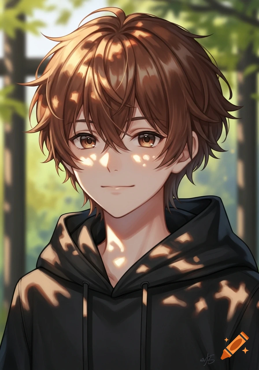 Anime boy with fluffy brown hair and hazel eyes smiles, wearing a black hoodie in dappled sunlight outdoors.