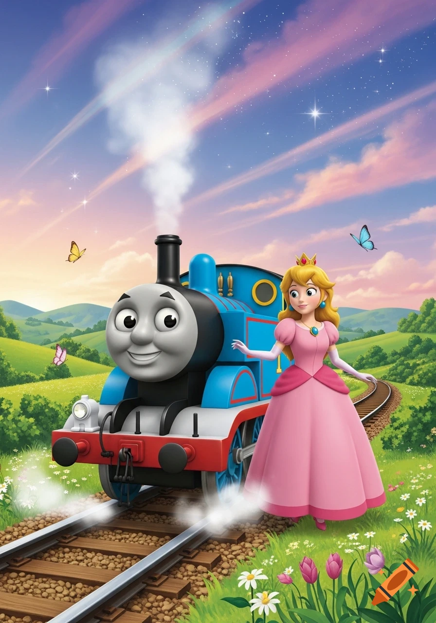 Thomas the Tank Engine and Princess Peach stand on train tracks in a lush, flowery landscape under a colorful, starry sky.