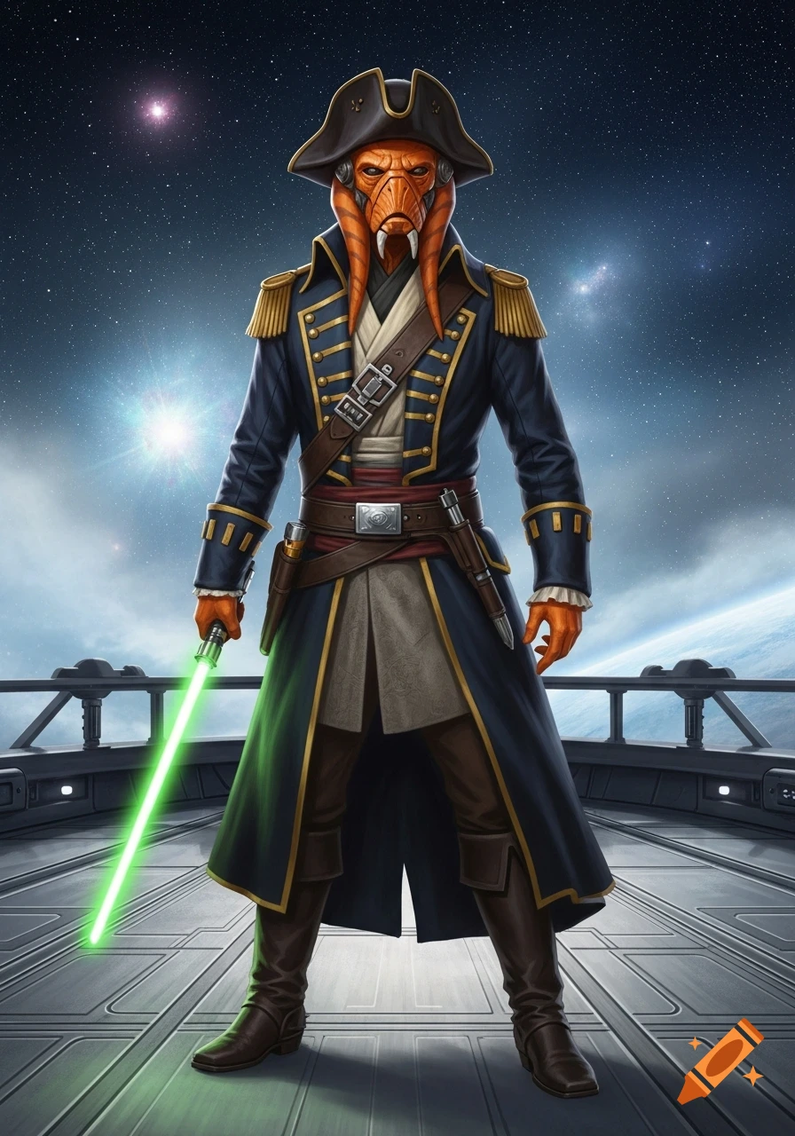 A Star Wars alien character in a pirate captain's uniform holds a green lightsaber on a spaceship deck overlooking a planet and stars.