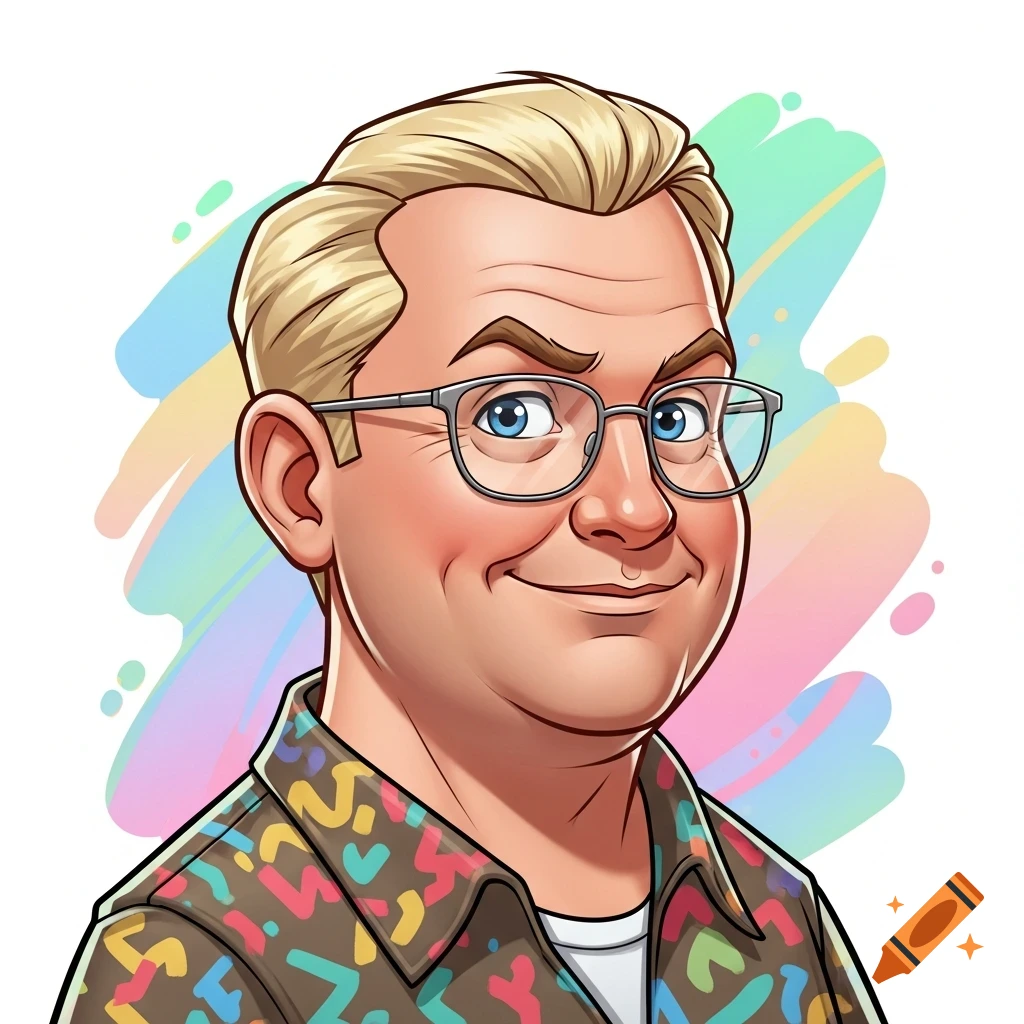 A cartoon portrait of a blond man with glasses and a patterned shirt, smiling.