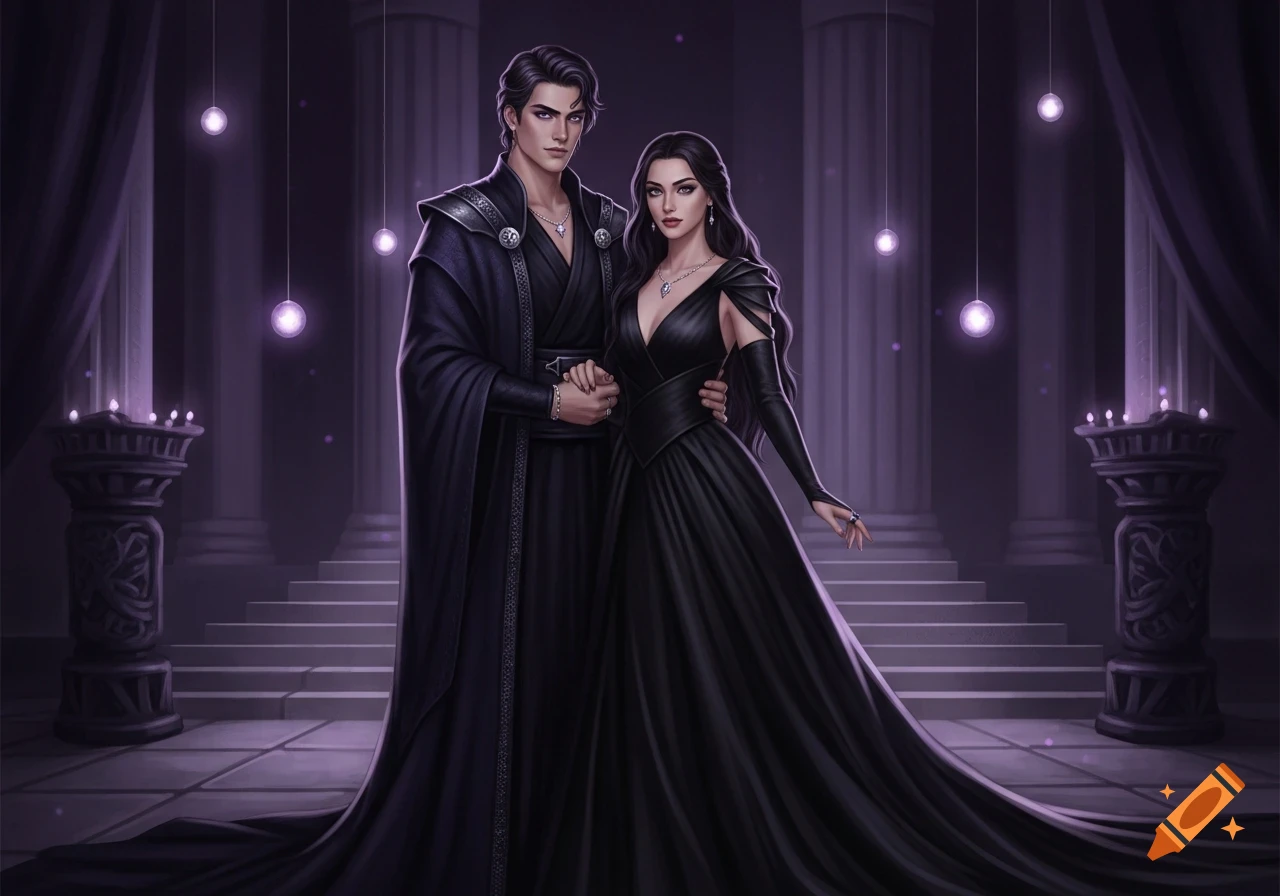 A dark-haired man and woman in elaborate black fantasy attire stand in a purple-lit hall with pillars and stairs, holding hands.