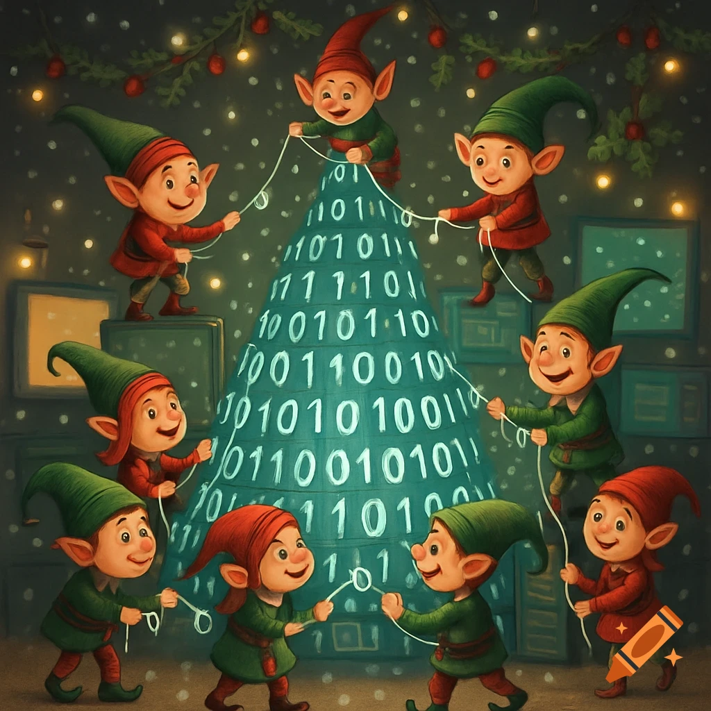 Cute cartoon elves in green and red outfits decorate a Christmas tree made of glowing binary code (0s and 1s) in a dark room.