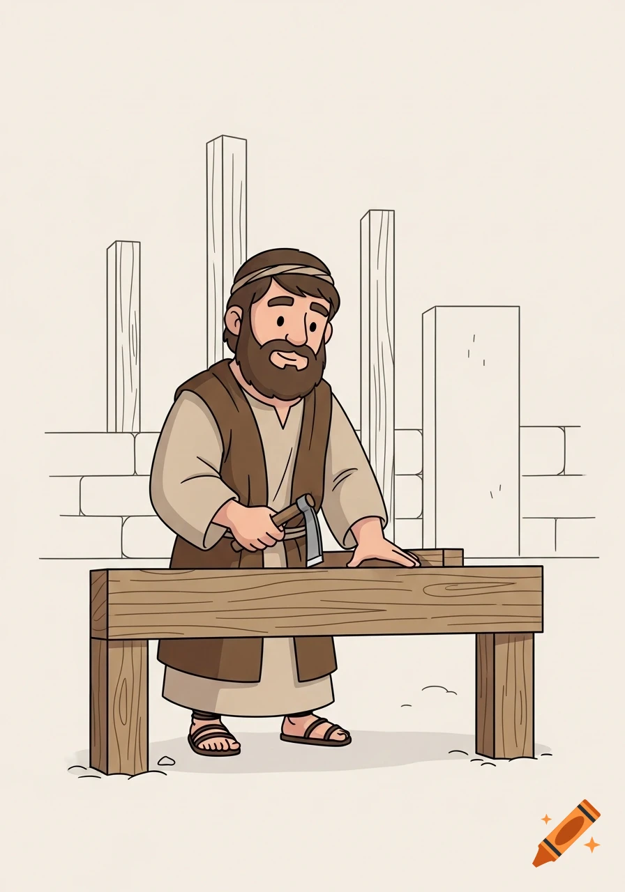 Cartoon illustration of Joseph the carpenter, a bearded man in a robe, working on a wooden beam with an axe in a simple construction site.