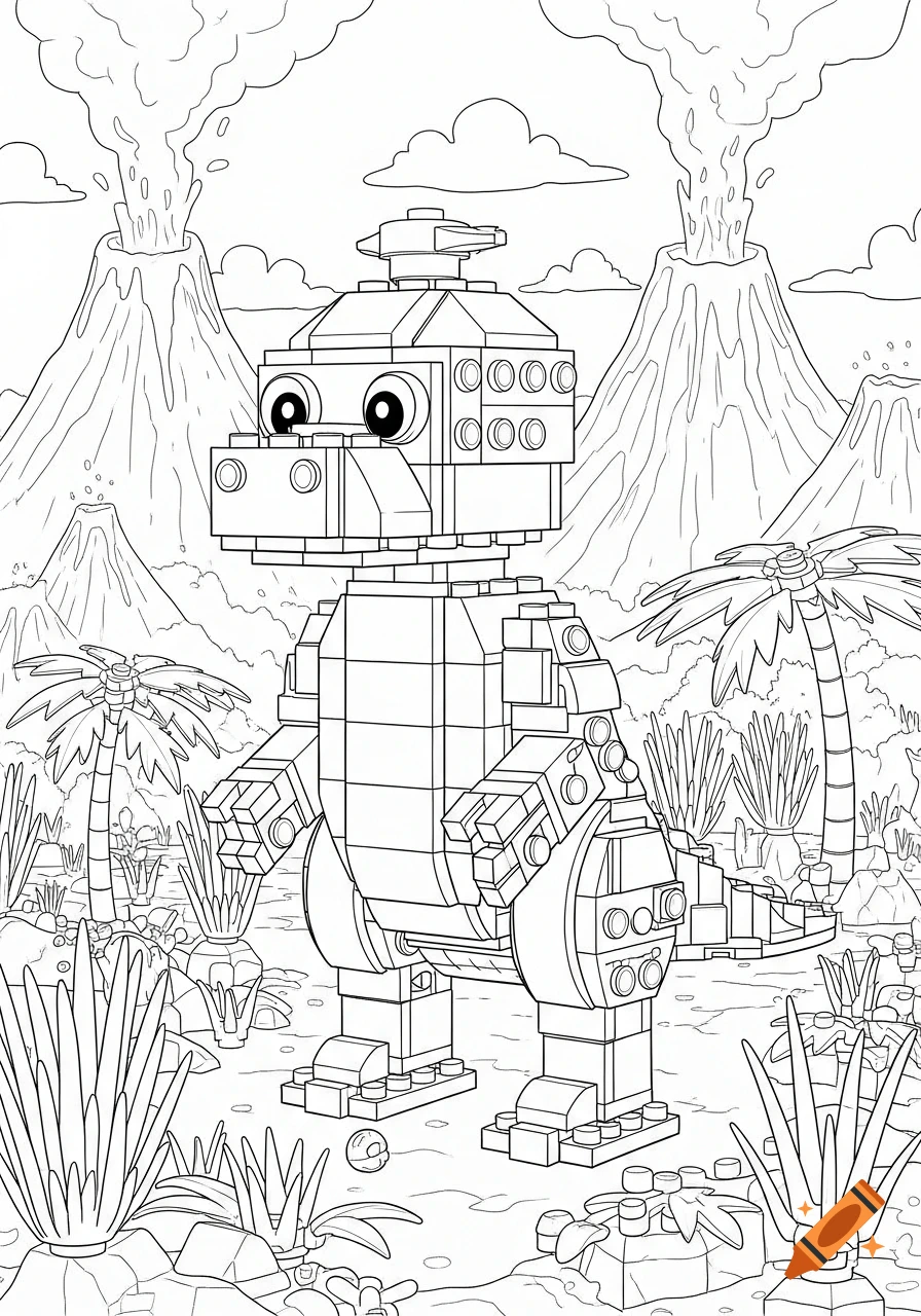 A black and white coloring page showing a blocky Lego dinosaur standing in a prehistoric landscape with erupting volcanoes and palm trees.