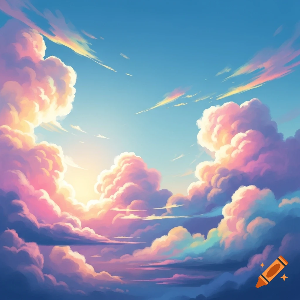 A vibrant anime-style sky filled with soft, voluminous clouds in shades of pink, purple, yellow, and blue.