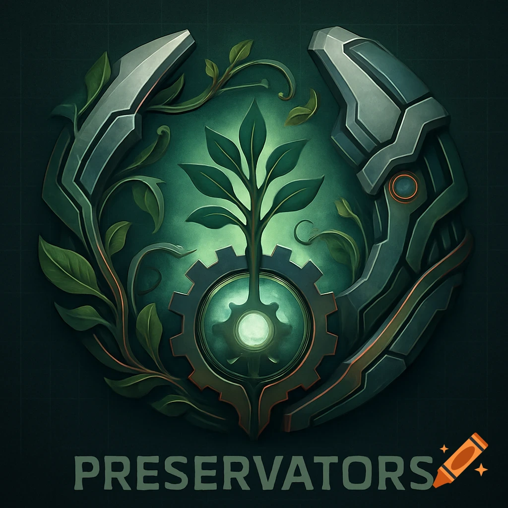 A stylized emblem featuring a central plant growing from a gear, flanked by mechanical and leafy structures. The text "PRESERVATORS" is below.