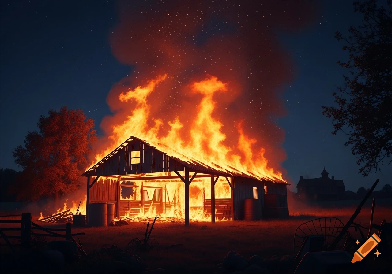 A wooden barn engulfed in bright flames under a dark, starry night sky, with smoke rising above.