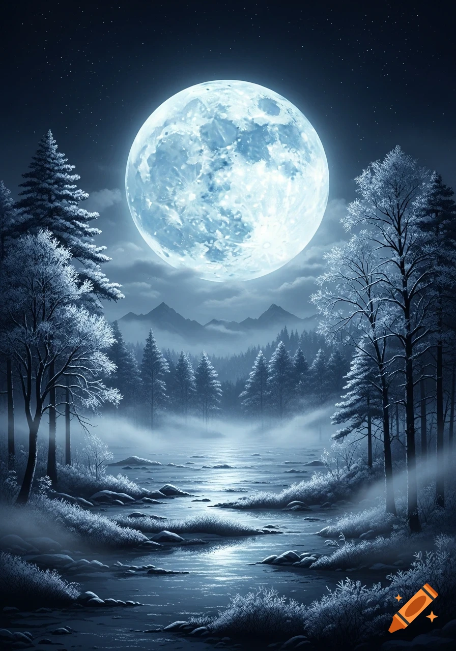A large, glowing full moon illuminates a snowy winter forest and a meandering river under a starry night sky.
