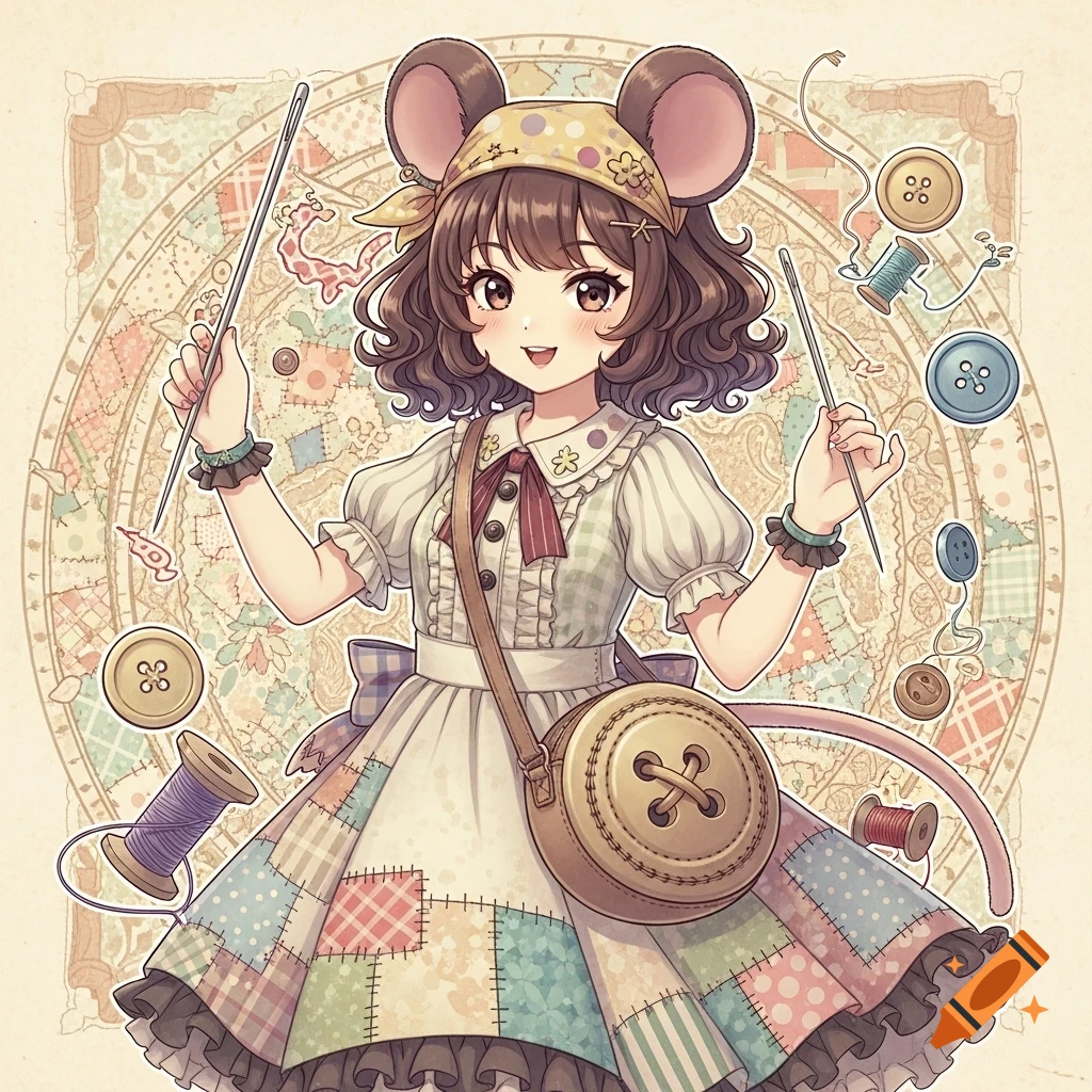 Cute anime girl with mouse ears, brown curly hair, bandana, patchwork dress, button bag, holding sewing needles. Illustrated.