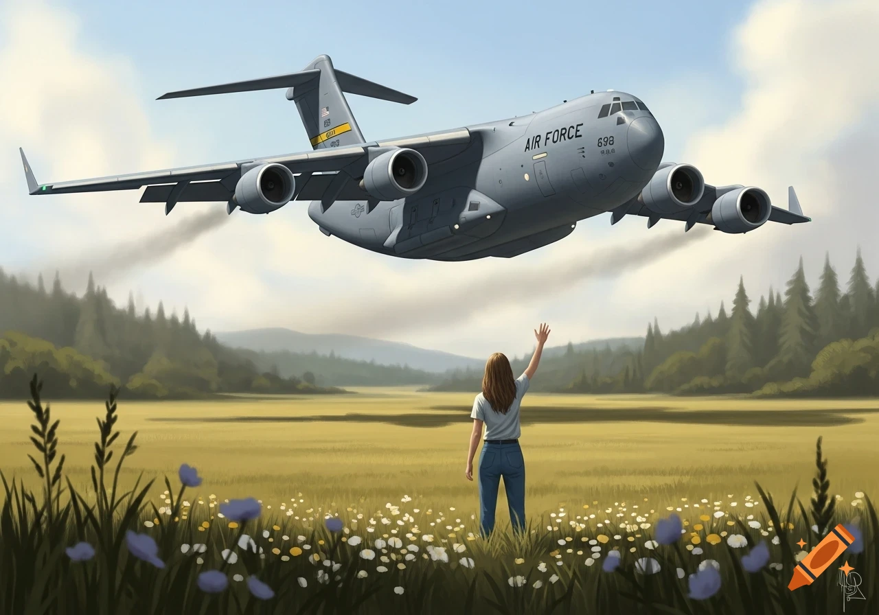 A woman stands in a flowery field, waving up at a large grey Air Force cargo plane flying low overhead. Pine trees line the distant horizon.