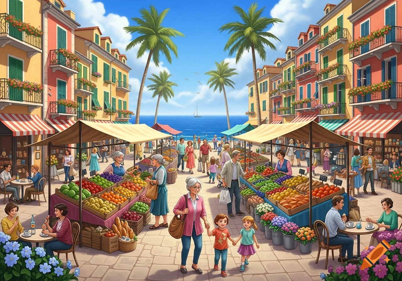 Lively illustration of a colorful European town square market by the sea, with people shopping, dining at cafes, and children playing.