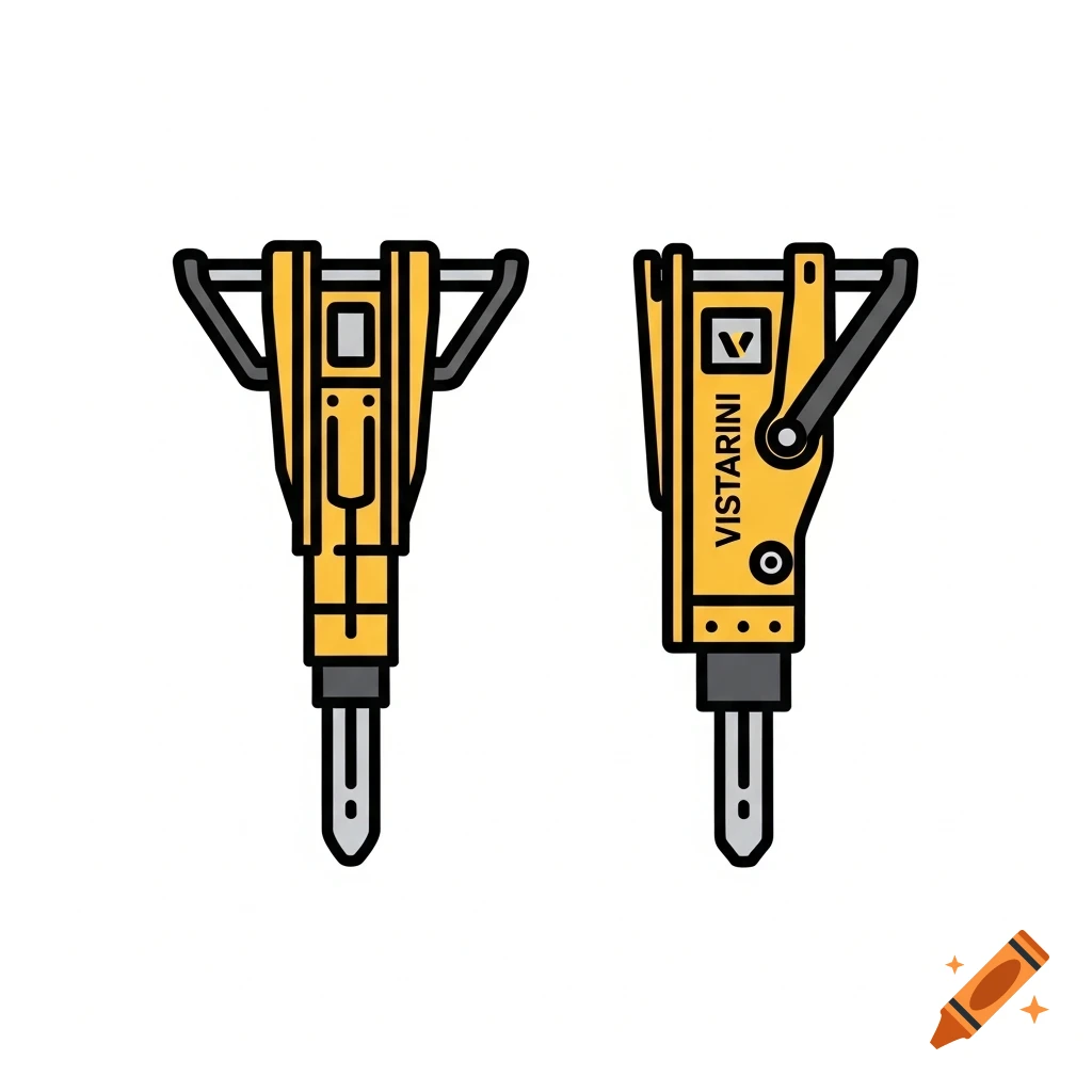 Two minimalist yellow and black icons of hydraulic hammers, one frontal and one angled side view with 'VISTARINI' text.