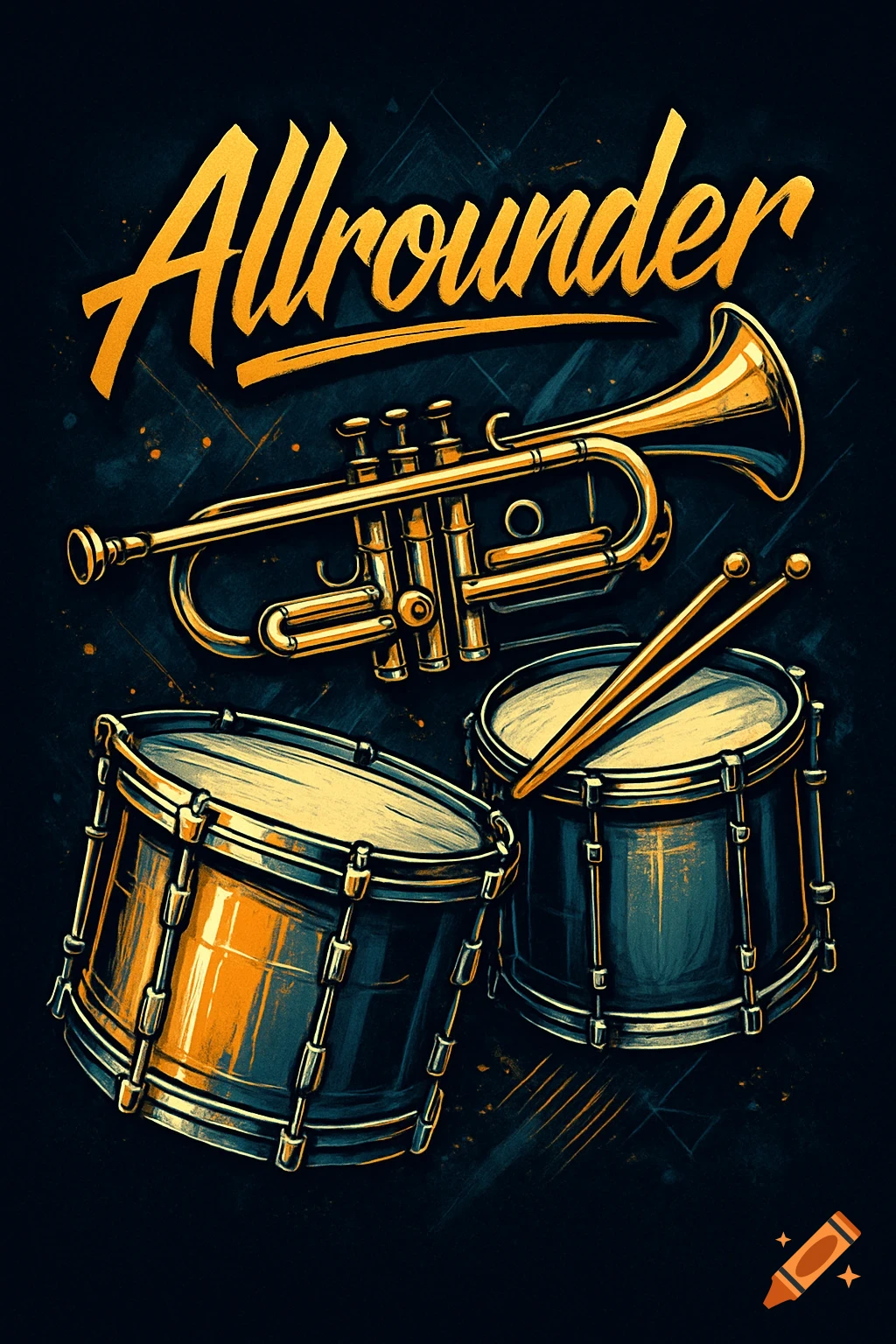 Stylized illustration of a golden trumpet and two drums with drumsticks, with the word 'Allrounder' above, on a dark background.