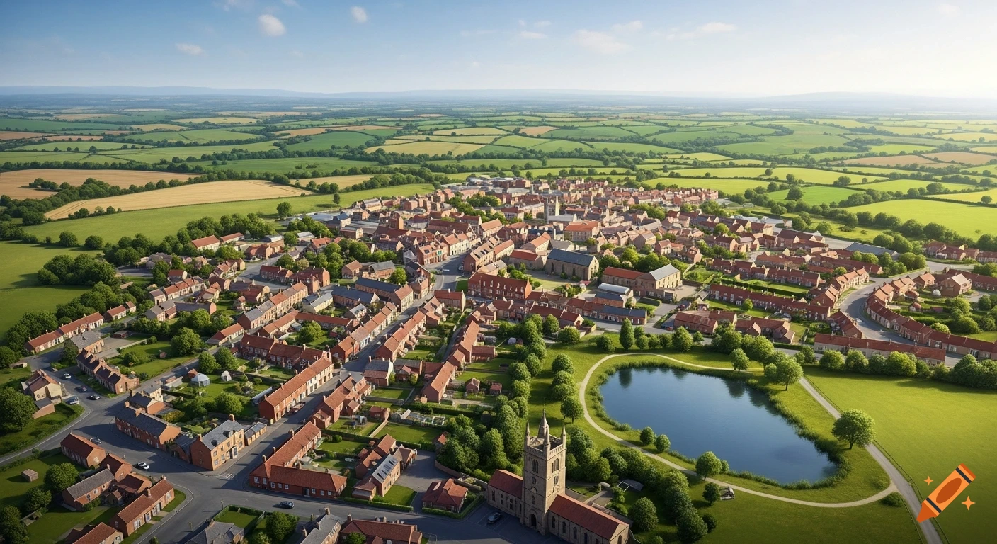 Photorealistic aerial view of a charming English town with red-roofed houses, surrounded by vibrant green and golden fields, next to a small lake under a bright blue sky.