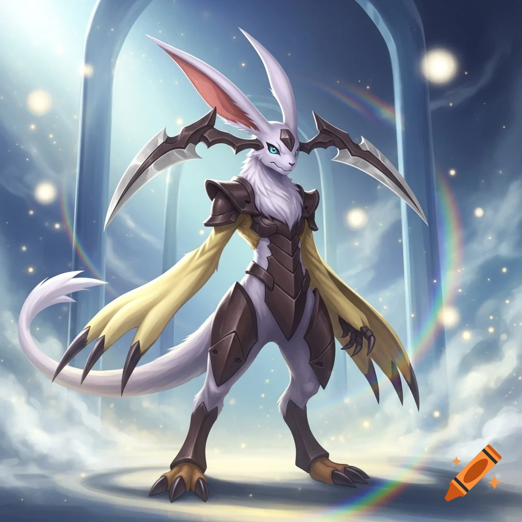 White furry Digimon Antylamon in brown armor, with scythe-like blades, stands under glowing arches and a rainbow.
