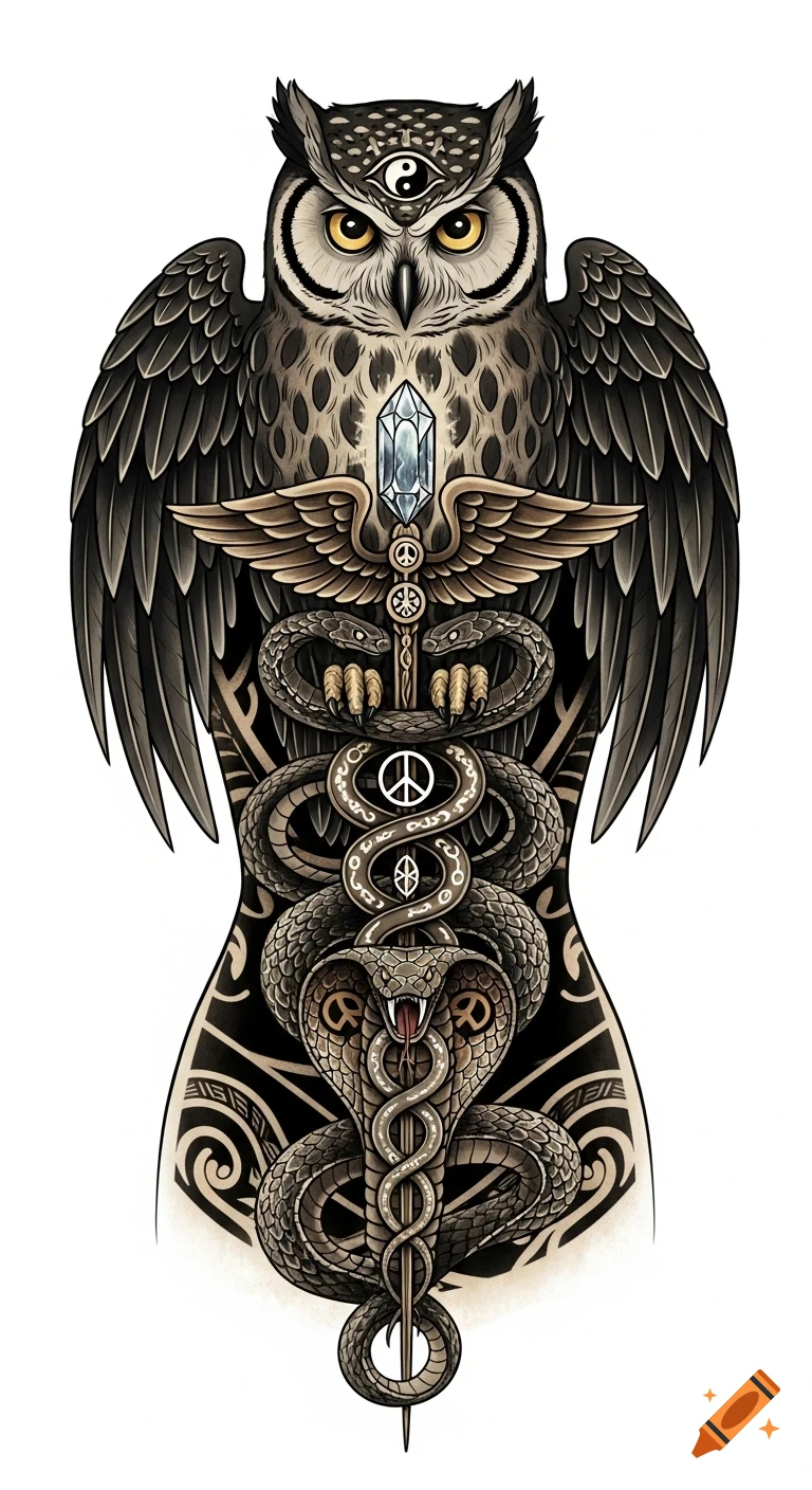 Detailed tattoo design of an owl with a third eye yin-yang symbol, holding two snakes wrapped around a caduceus staff, against a Maori-inspired background.