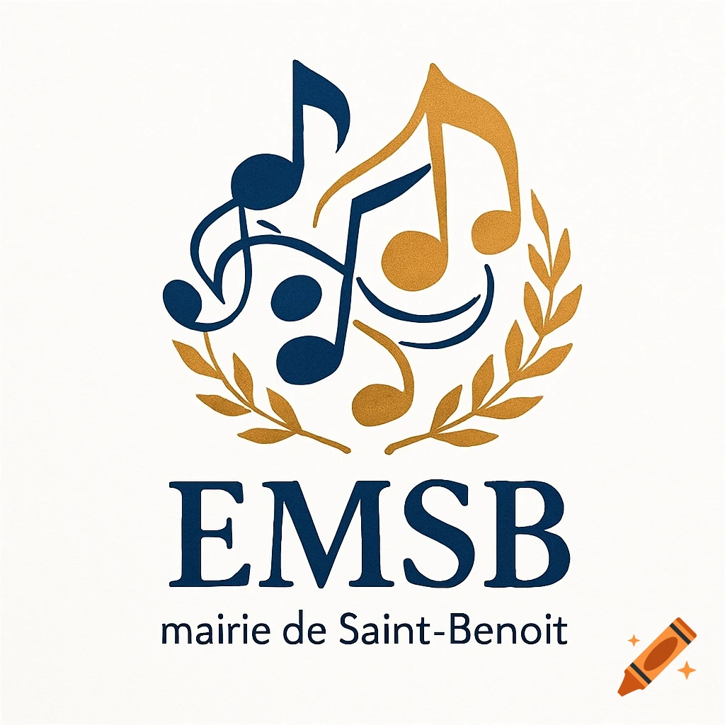 Logo with blue and gold musical notes and a laurel wreath, text reads EMSB and mairie de Saint-Benoît.