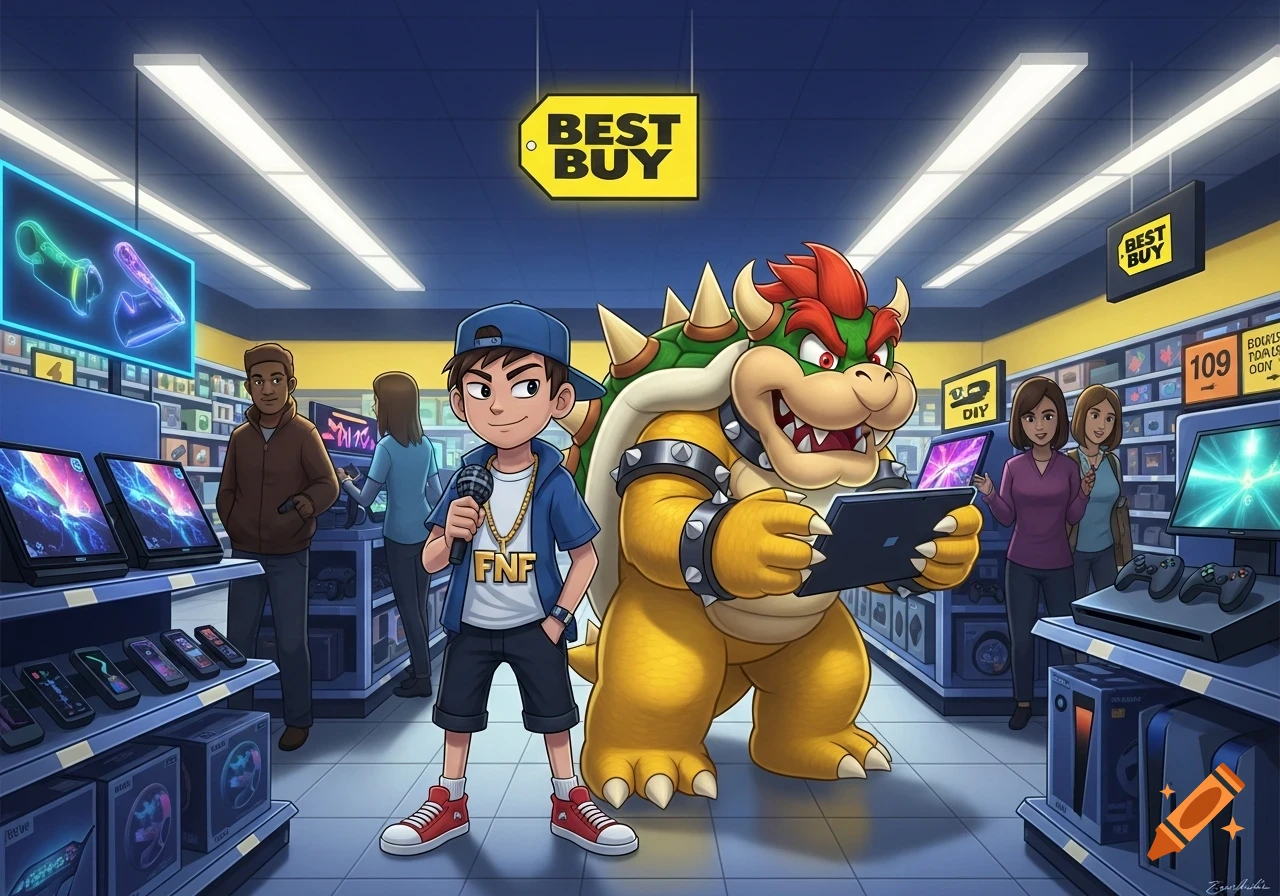 Cartoon characters Boyfriend from FNF and Bowser stand in a Best Buy electronics store. Boyfriend holds a microphone, while Bowser looks at a tablet.