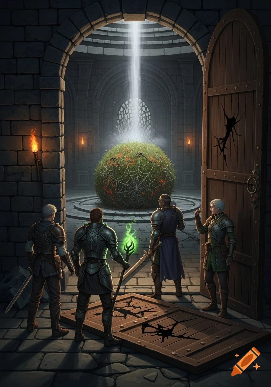 Armored adventurers look past a broken door into a dungeon room where mist dissolves a large, smoking ball of spiderwebs and grass.