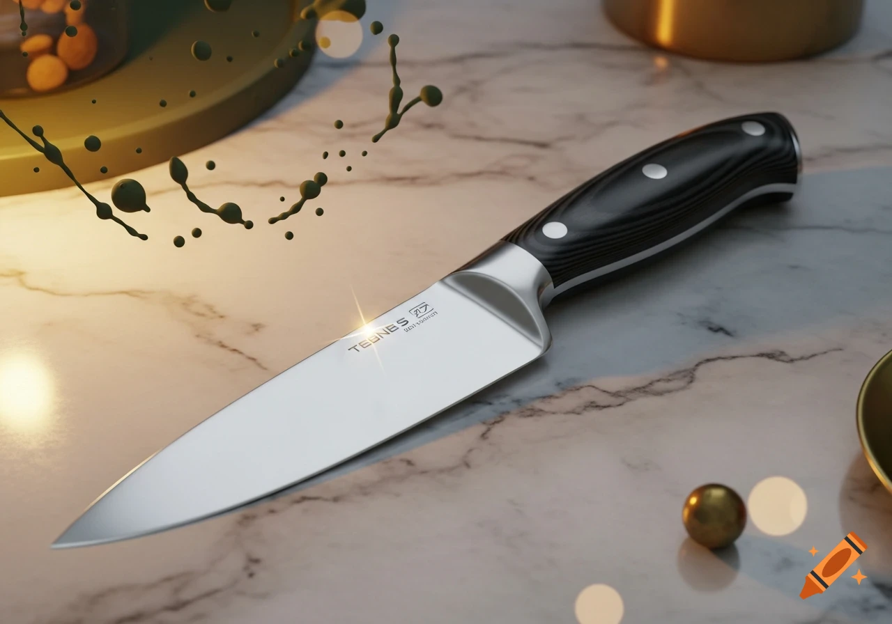 A close-up of a sharp chef's knife with a black handle on a marble surface, with abstract dark green splashes and light reflections.