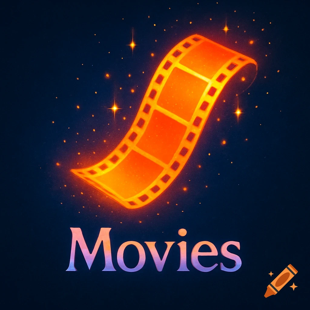 A vibrant orange glowing film strip with sparks on a dark blue background, with the word "Movies" in pastel typography below it.