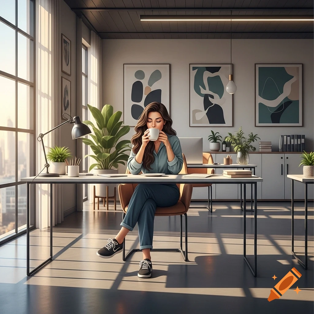 A brunette woman drinks coffee at a desk in a modern office with large windows and plants, bathed in sunlight.