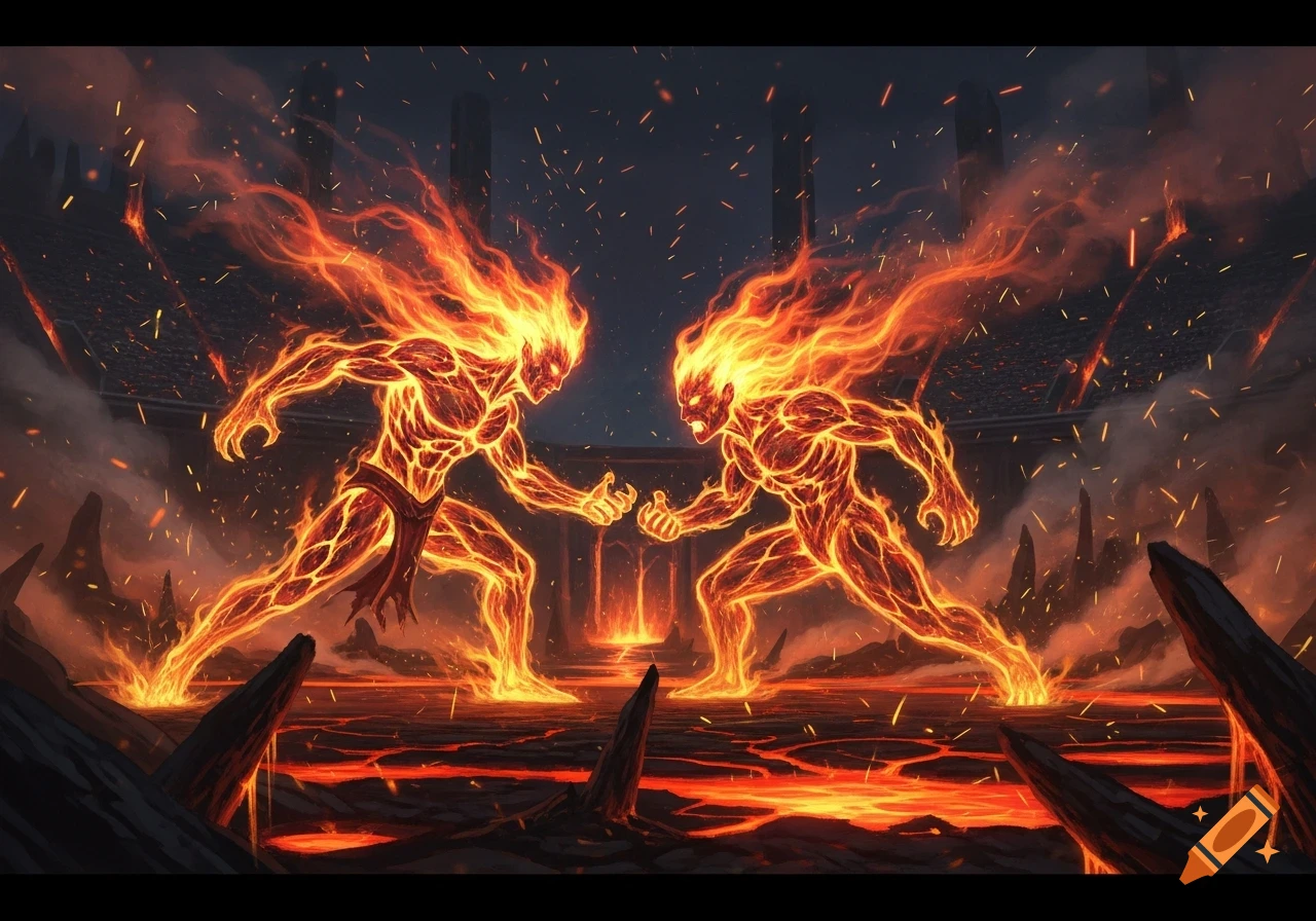 Two fiery elemental beings clash in a dark, lava-filled arena, surrounded by glowing embers.