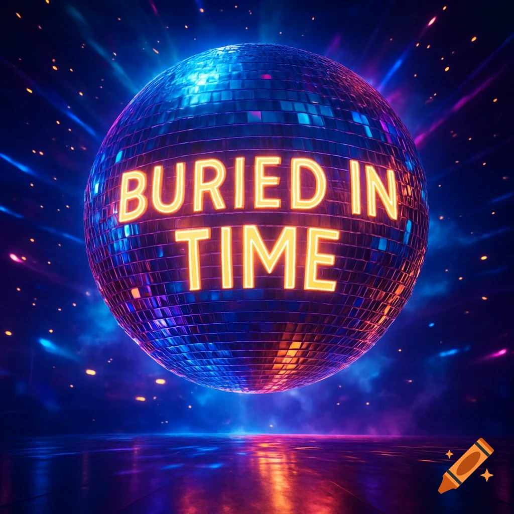 A giant disco ball with "BURIED IN TIME" in neon orange text, floating above a reflective dance floor with blue and purple light rays.