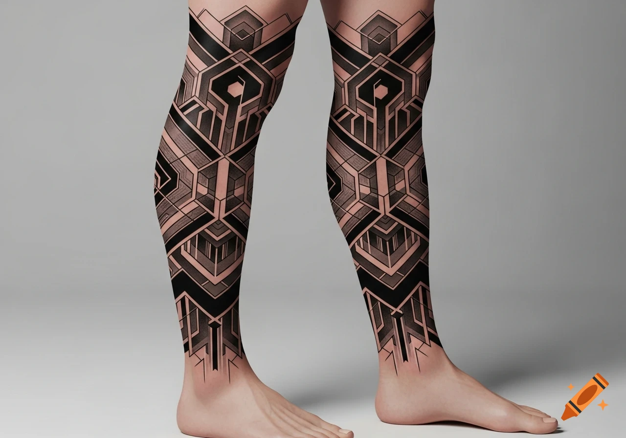 Two legs from the calves down, covered in intricate black and grey geometric sleeve tattoos on a light grey background.