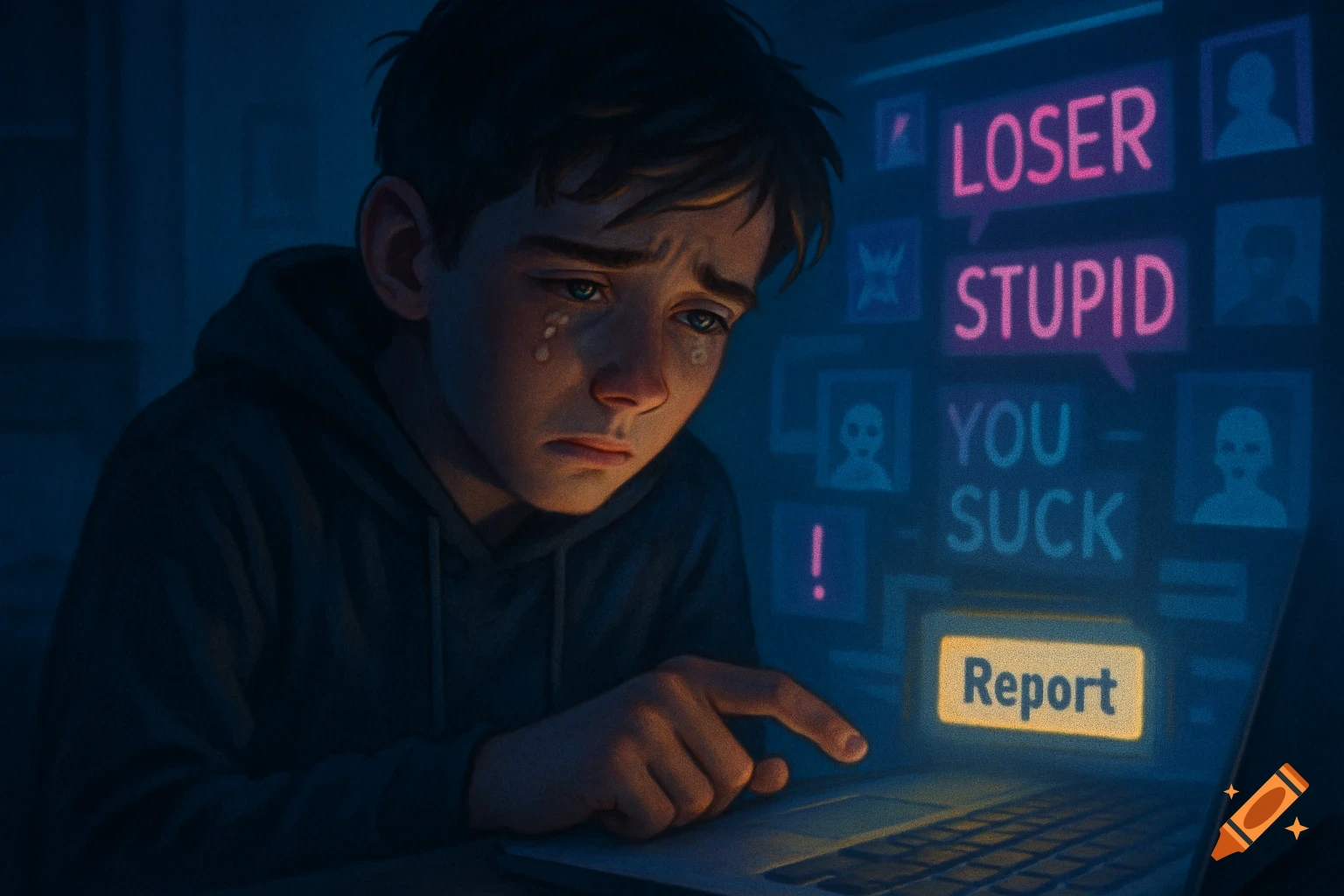 A crying boy in a dark room points at a laptop screen displaying cyberbullying messages and a 'Report' button.