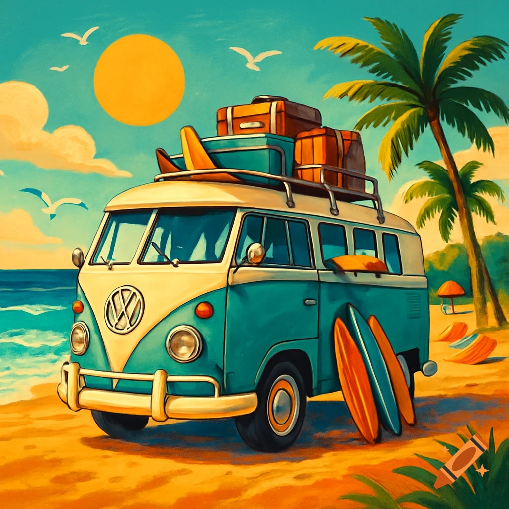 A stylized illustration of a teal and cream vintage camper van parked on a sandy beach with surfboards and luggage, under a bright sun and palm trees.