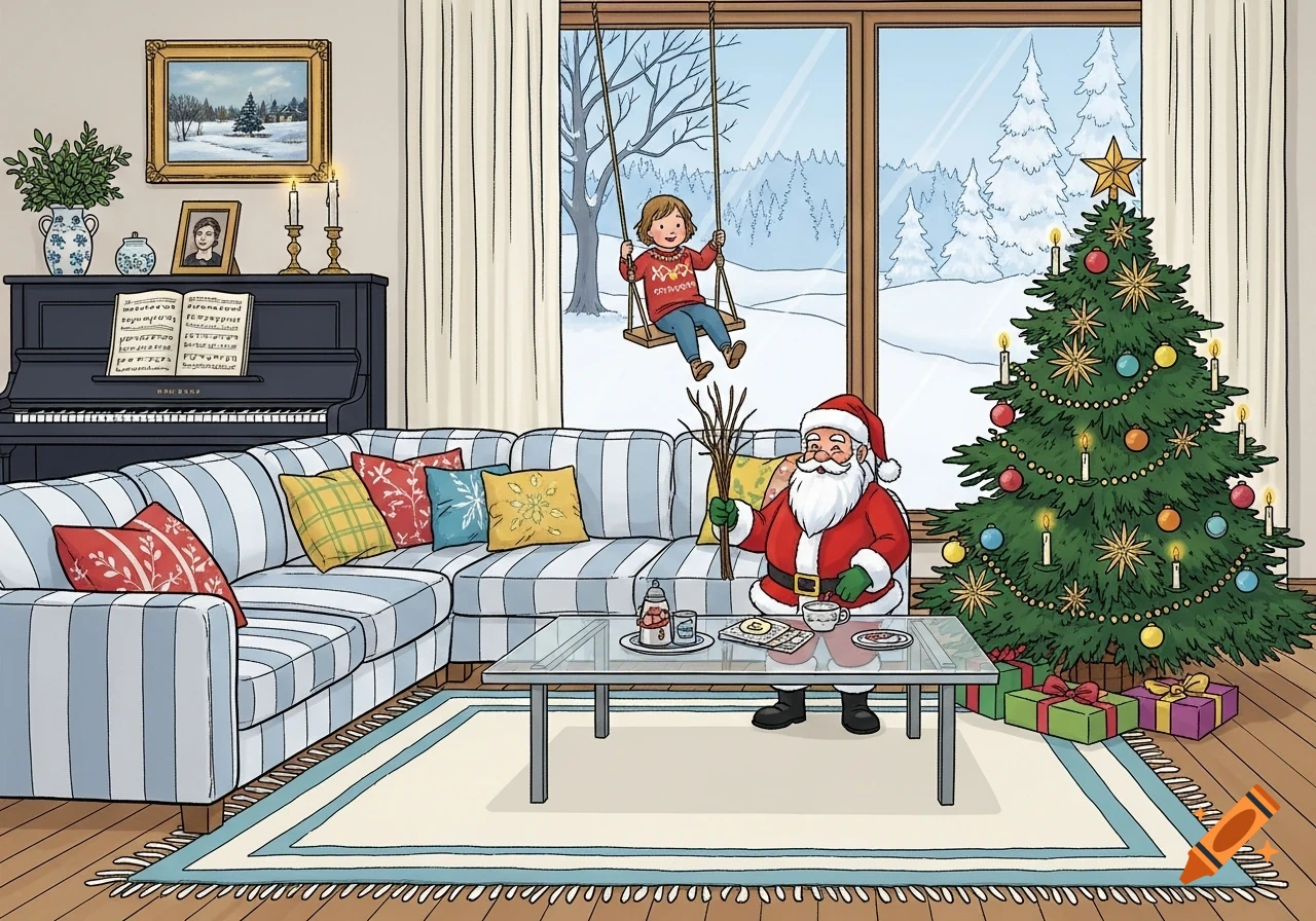 A festive cartoon living room with Santa, a child on a swing, a decorated Christmas tree, a striped sofa, and a piano.