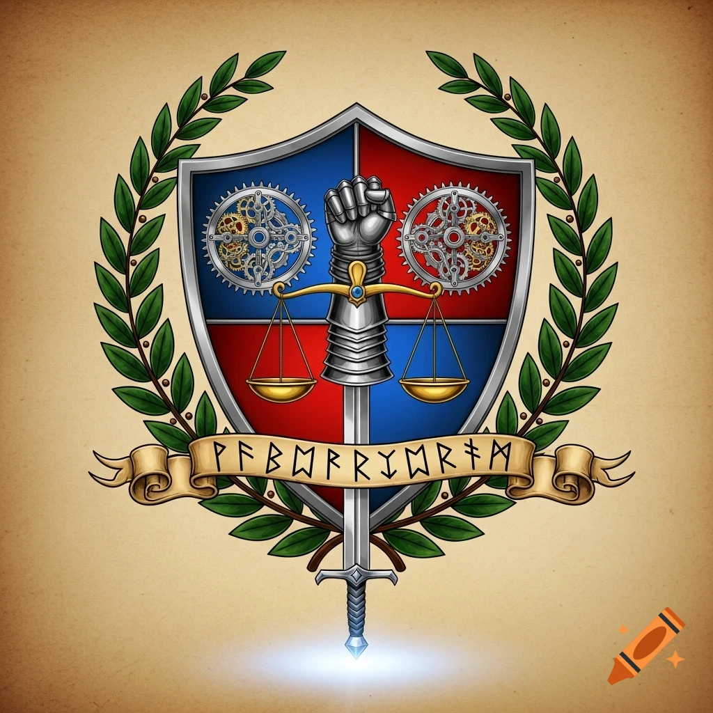 A colorful coat of arms featuring a red and blue shield with gears, a gauntlet holding scales, a sword, and a laurel wreath, with a banner below.