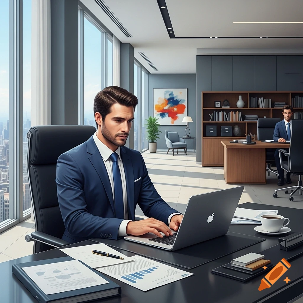 Photorealistic image of a professional man in a blue suit working on a laptop at a sleek office desk, with another man in the background.