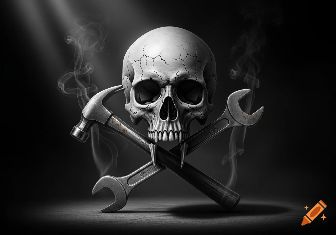 A stylized, cracked skull with a crossed hammer and wrench behind it, set against a dark, smoky background with dramatic lighting.