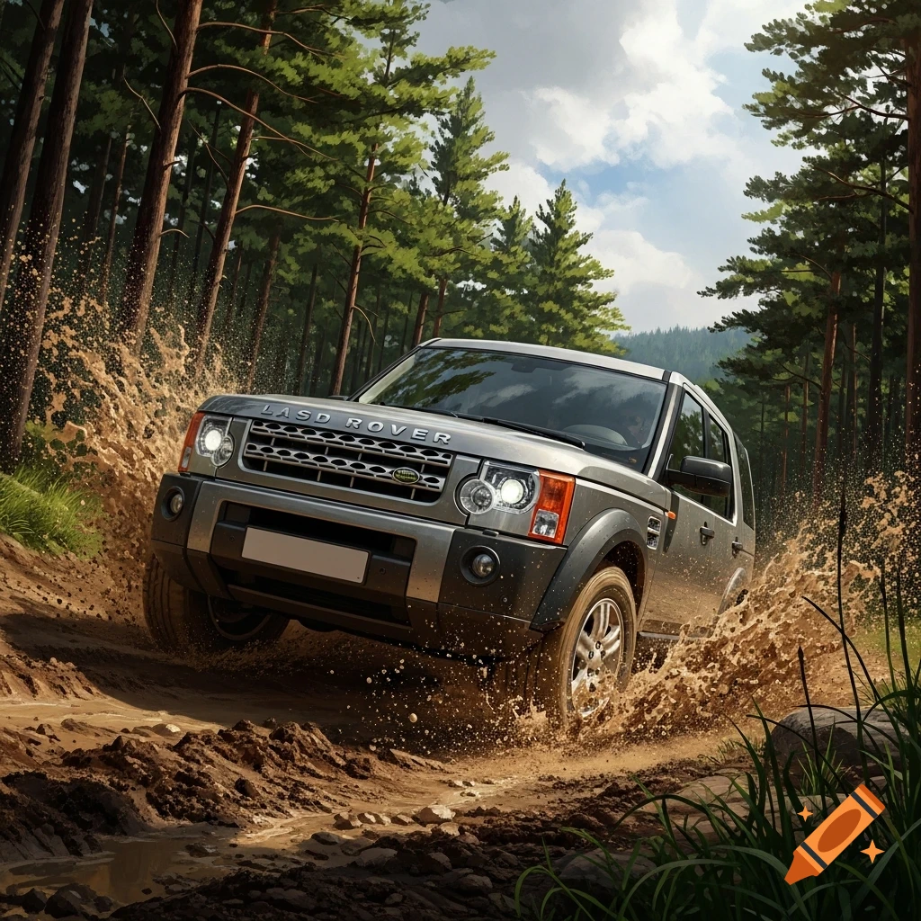 A silver Land Rover Discovery drives through a muddy forest trail, splashing mud around its tires.